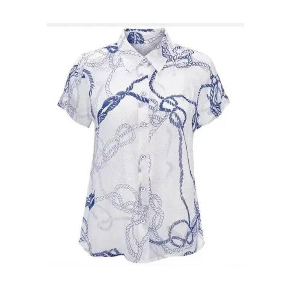 Cabi Blouse Size M Collared Short Sleeve Button Down Shirt Boating Print White - Picture 8 of 9